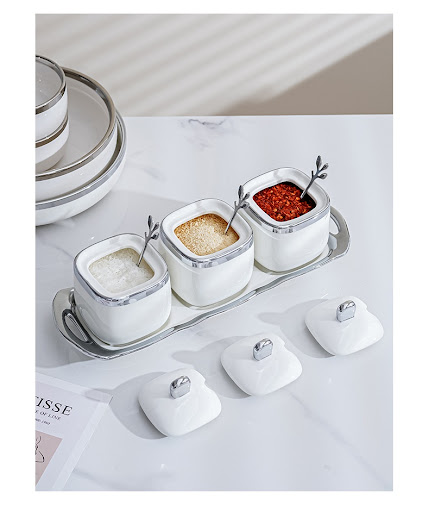 Title 5, Silver Edged Ceramic Seasoning Jar Box Seasonin...