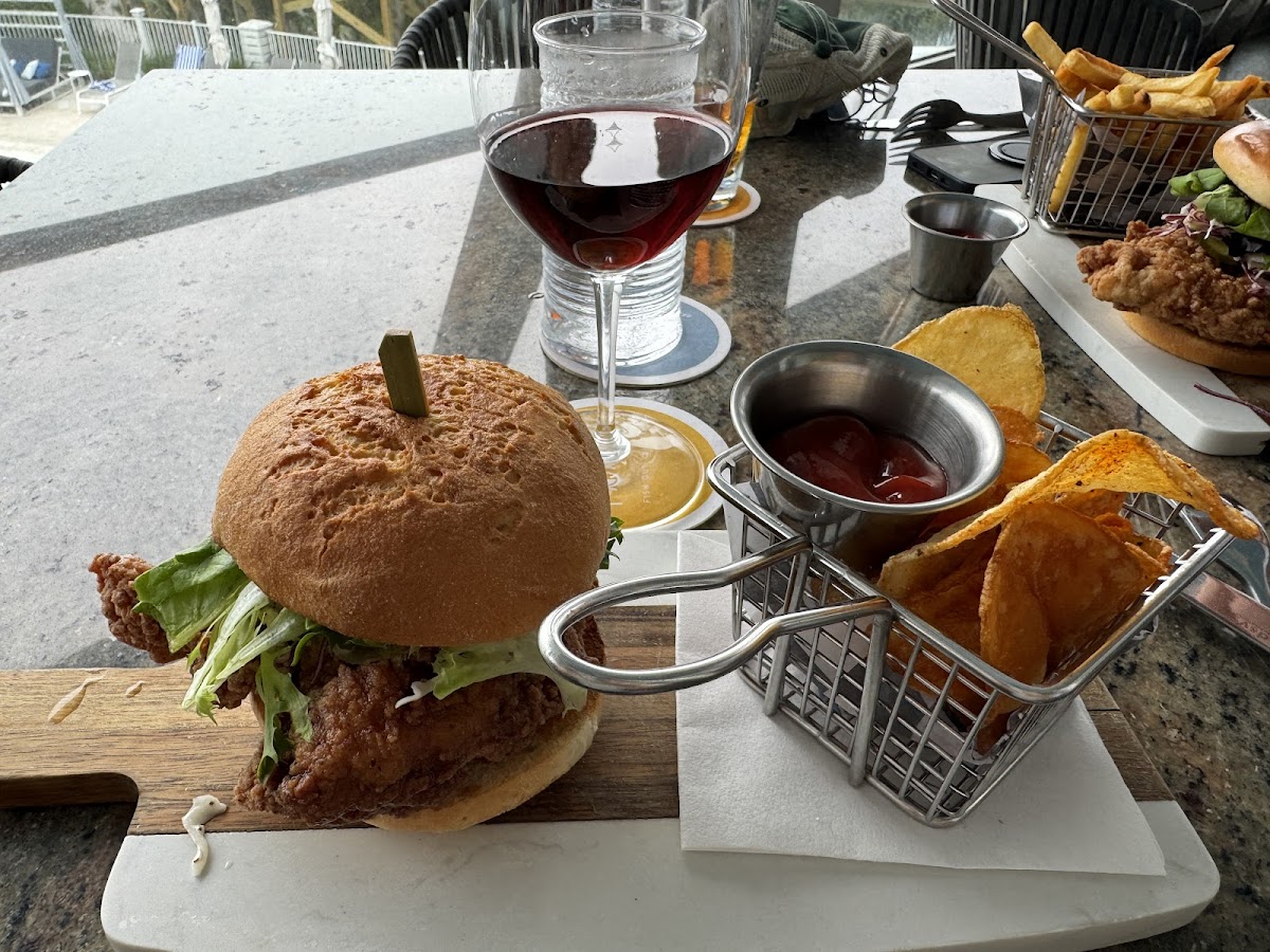 Fried sweet tea chicken sandwich with house potato chips.