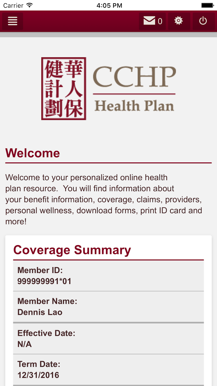 CCHP Member App Screen 1