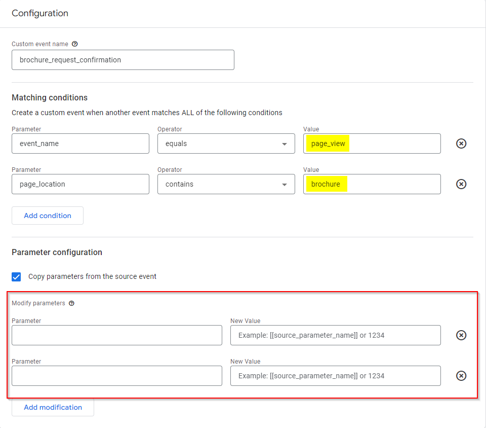 GA4 create event configuration screen highlighting the 'page_view' source event and the text 'brochure' in the page_location matching condition