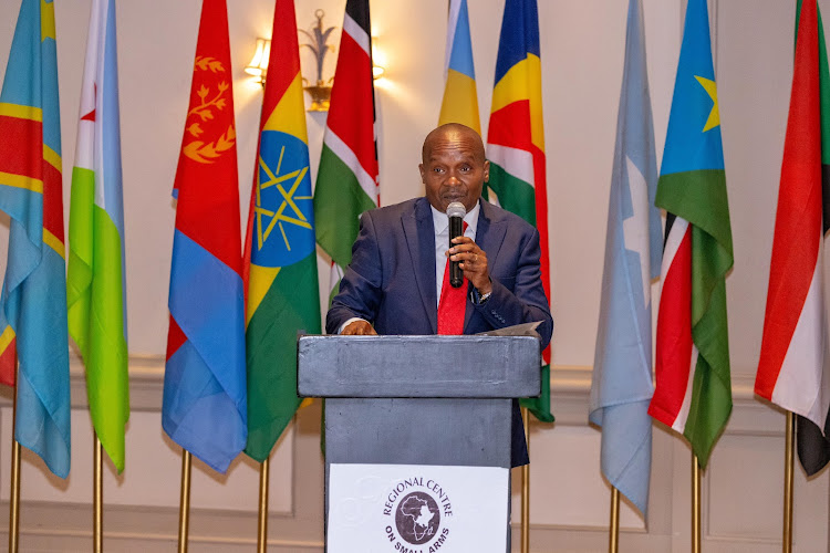 Interior CS Kithure Kindiki speaking during the handover ceremony of the Regional Centre on Small Arms Executive Secretary on April 22, 2024.