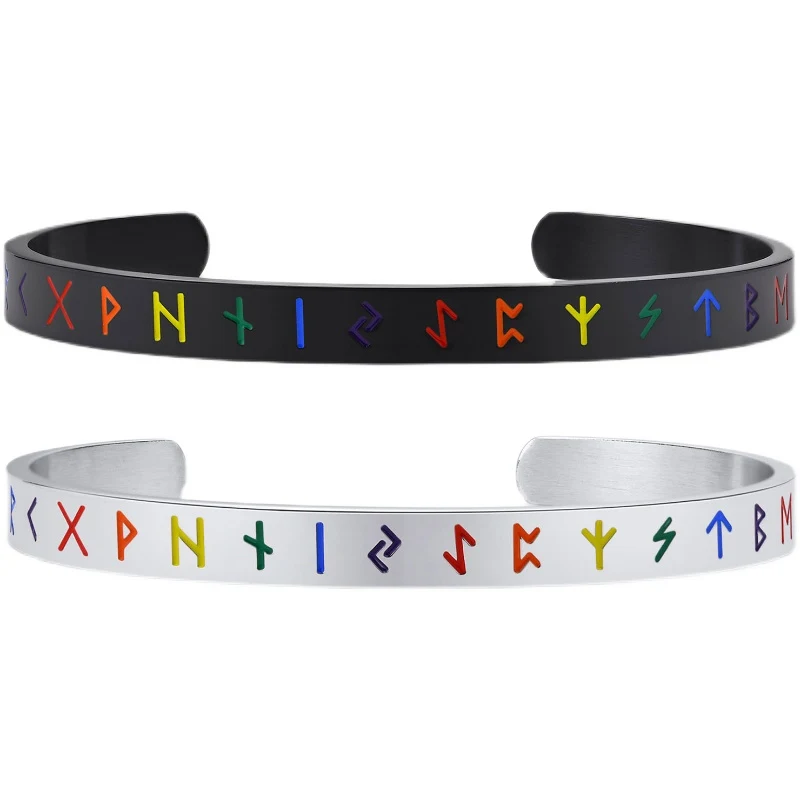 Pulseira Viking de Aço Inox Arco-Íris Seis Cores com Caráter. Joia Masculina Durável e Atraente. Design Exclusivo.