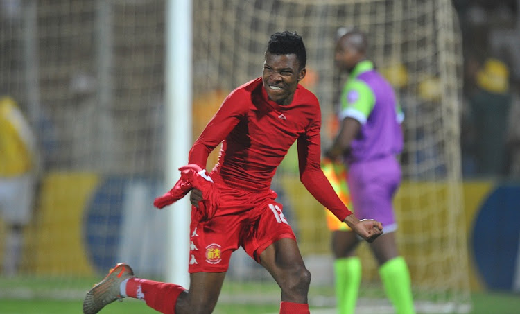 Mokete Mogaila of Highlands Park celebrates the winning penalty during the MTN8 2019 Semi Final 2nd Leg match between Highlands Park and Polokwane City on the 17 September 2019 at Makhulong Stadium, Tembisa.