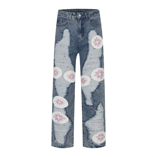 Title 5, Mens Embroidered Hole Patch Jeans Durable Deni...