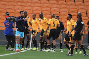 Wandile Duba of Kaizer Chiefs celebrates his goal with teammates in their DStv Premiership match against Lamontville Golden Arrows at FNB Stadium on Tuesday night. 