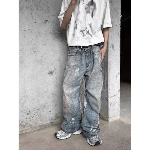 Title 16, Washed Distressed Printed Denim Mens Straight ...