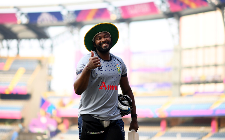 Proteas player Andile Phehlukwayo reacts during the ICC Men's Cricket World Cup India 2023 net sessions at Wankhede Stadium on October 23 2023 in Mumbai, India. Picture: ALEX DAVIDSON/ICC via GETTY IMAGES