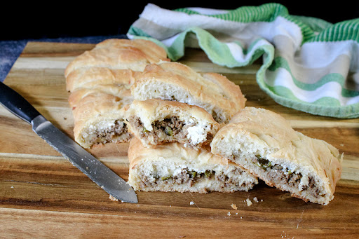 Slices of Beef & Green Chile Braided loaf.