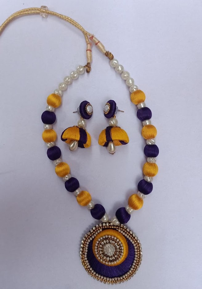 Yellow with Blue Silk Thread Necklace with Earrings