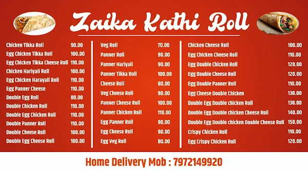 Zaika Kathi Roll menu 