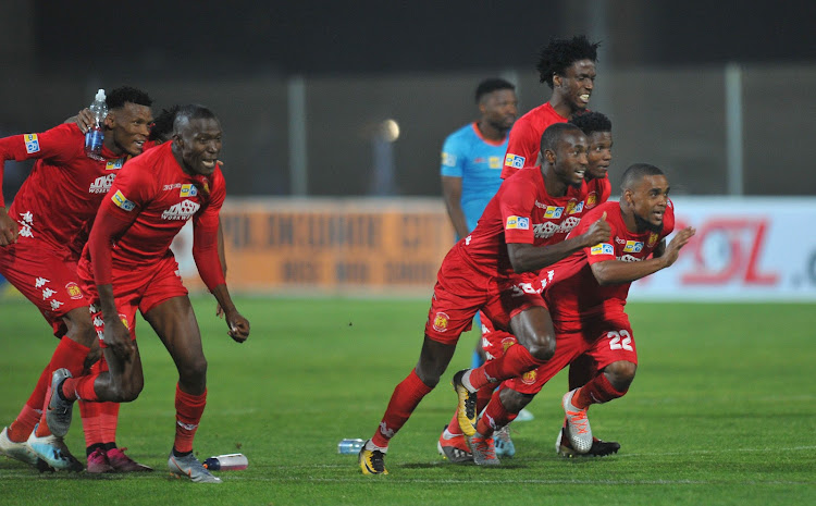 Highlands Park players celebrate after Mokete Mogaila scored the winning penalty. after winning on penalties during the MTN8 2019 Semi Final 2nd Leg mat