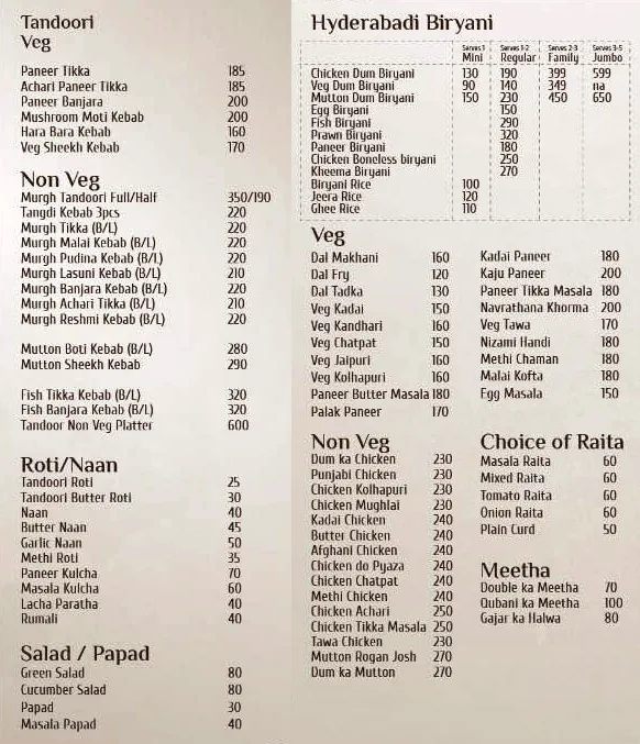 Deccan Darbar menu 