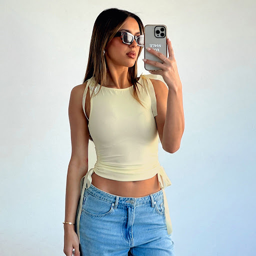 Title 2, Navel solid color ribbon drawstring top, a styl...