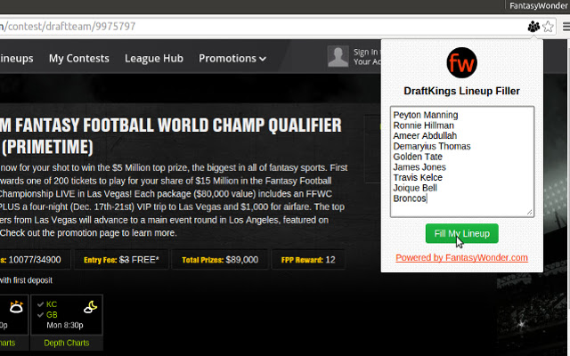 DraftKings Lineup Filler - FantasyWonder.com chrome extension