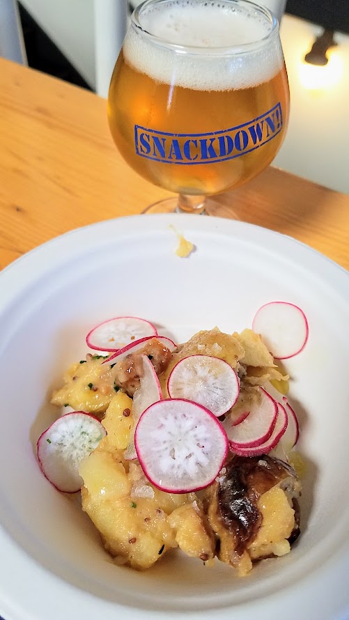 Snackdown 2017 for PDX Beer Week, Old Salt/Heater Allen brought a Warm Potato Salad with Old Salt weisswurst, spring peas, house mustard and Ben's bacon matched with Lenzbock - Helles Bock