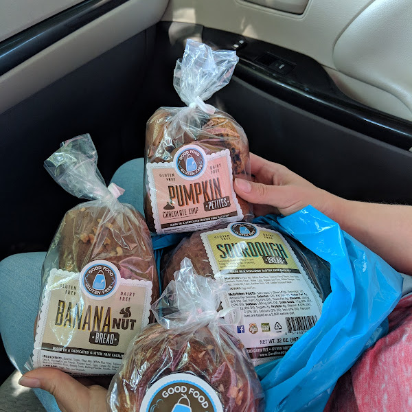 Banana nut loaf, sourdough bread, cinna bundt, pumpkin chocolate chip muffins.