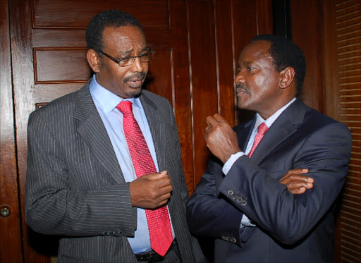 Former deputy speaker of the National Assembly Farah Maalim Mohamed with former vice president Kalonzo Musyoka during the Sarahawi Republic's embassy opening at the Laico Regency, Nairobi last Thursday.