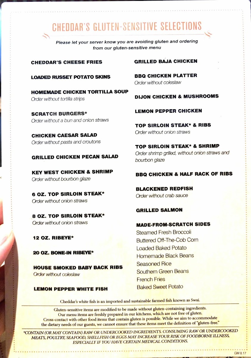 Cheddar's Scratch Kitchen gluten-free menu