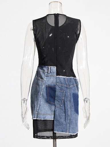 Title 13, Womens Round Neck Sleeveless Denim Stitching M...