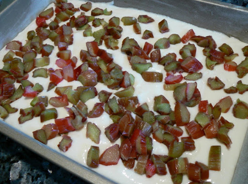 Rhubarb sprinkled on cake