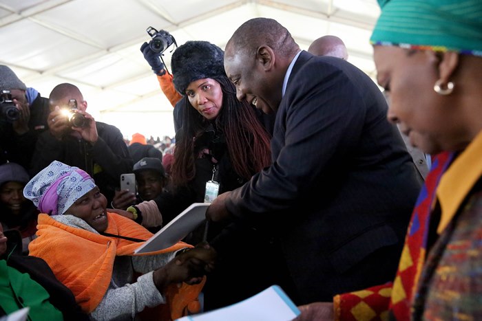 President Cyril Ramaphosa during his visit in Kokstad handing over title deeds to beneficiaries of the Franklin Housing Project on October 3 2018