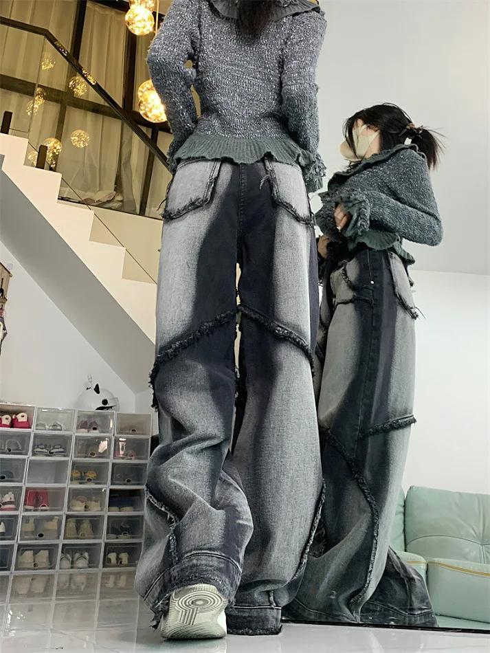 Pantalon large à franges, coupe droite et ample, effet 