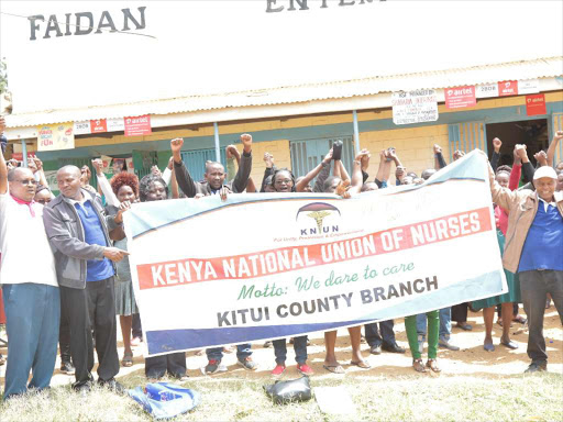 Nurses in Kitui when they went on paralyzing service in all the health facilities in Kitui county. They have since returned to work following a court order suspending the strike. Photo by Musembi Nzengu