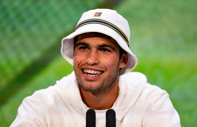 Carlos Alcaraz speaks to the media at the All England Lawn Tennis Club in Wimbledon, England, July 2 2023. Picture: AELTC/FLORIAN EISELS