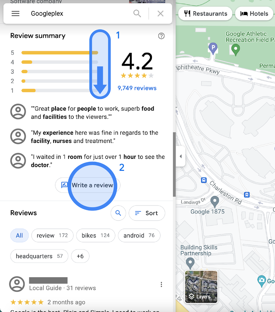 In Google Maps, a review summary of a Googleplex location is displayed in the left sidebar. It shows the average review ratings, review highlights, a button that says "Write a review," and a list of all reviews.
