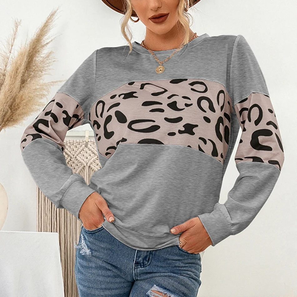 Pull tricoté imprimé léopard, col rond, couleur contrastée, Patchwork, sweat-shirt pour femmes