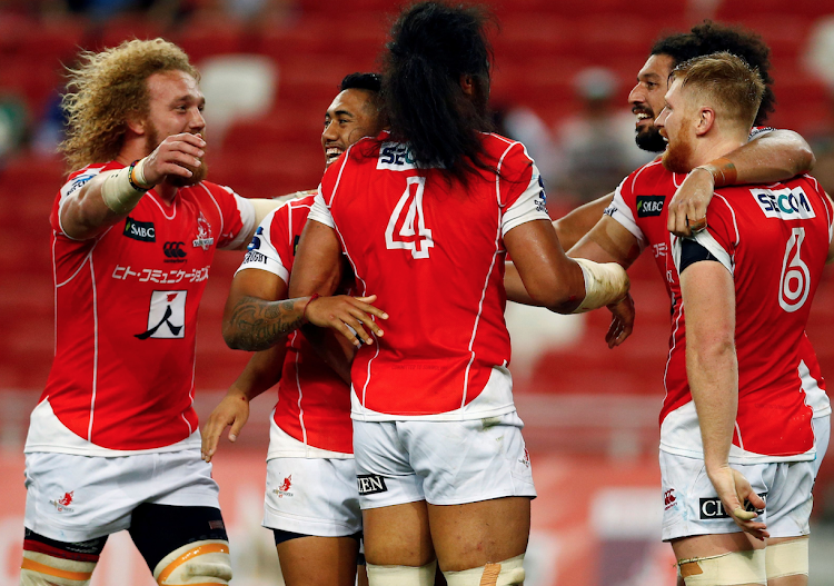 Sunwolves celebrate a try by Liaki Moli against Stormers