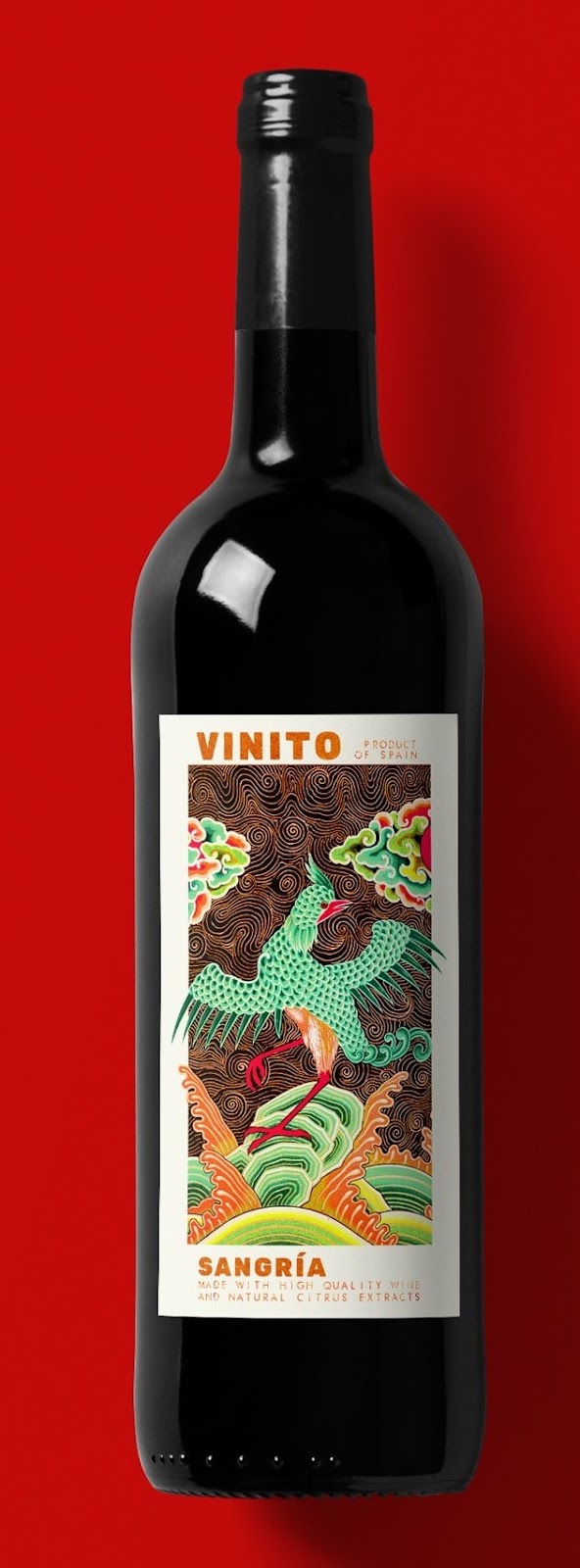 A bottle of Sangria with a beautiful Asian style Fine art work label by Ossobuko.  