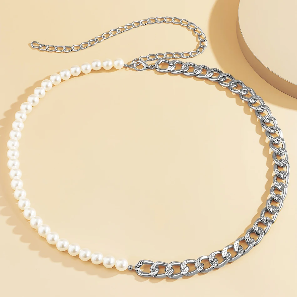 Corrente de cintura francesa geométrica vintage com pérolas de imitação, camada única, realça a cintura com elegância e charme.