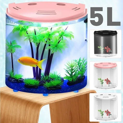 Home Office Desktop Aquarium Half Moon Large Capacity Desktop Acrylic Mini Nano Air Pump Led Light Build In Fish Tank