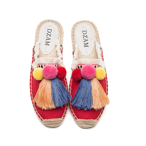 Title 6, Fringed Straw Slippers Casual Lazy Fur Ball Lin...