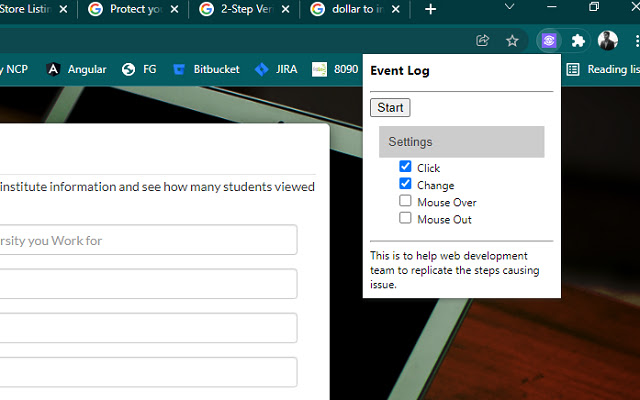 Log Events chrome extension