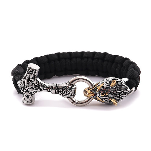Title 5, Mens Stainless Steel Wolf Head Paracord Braide...