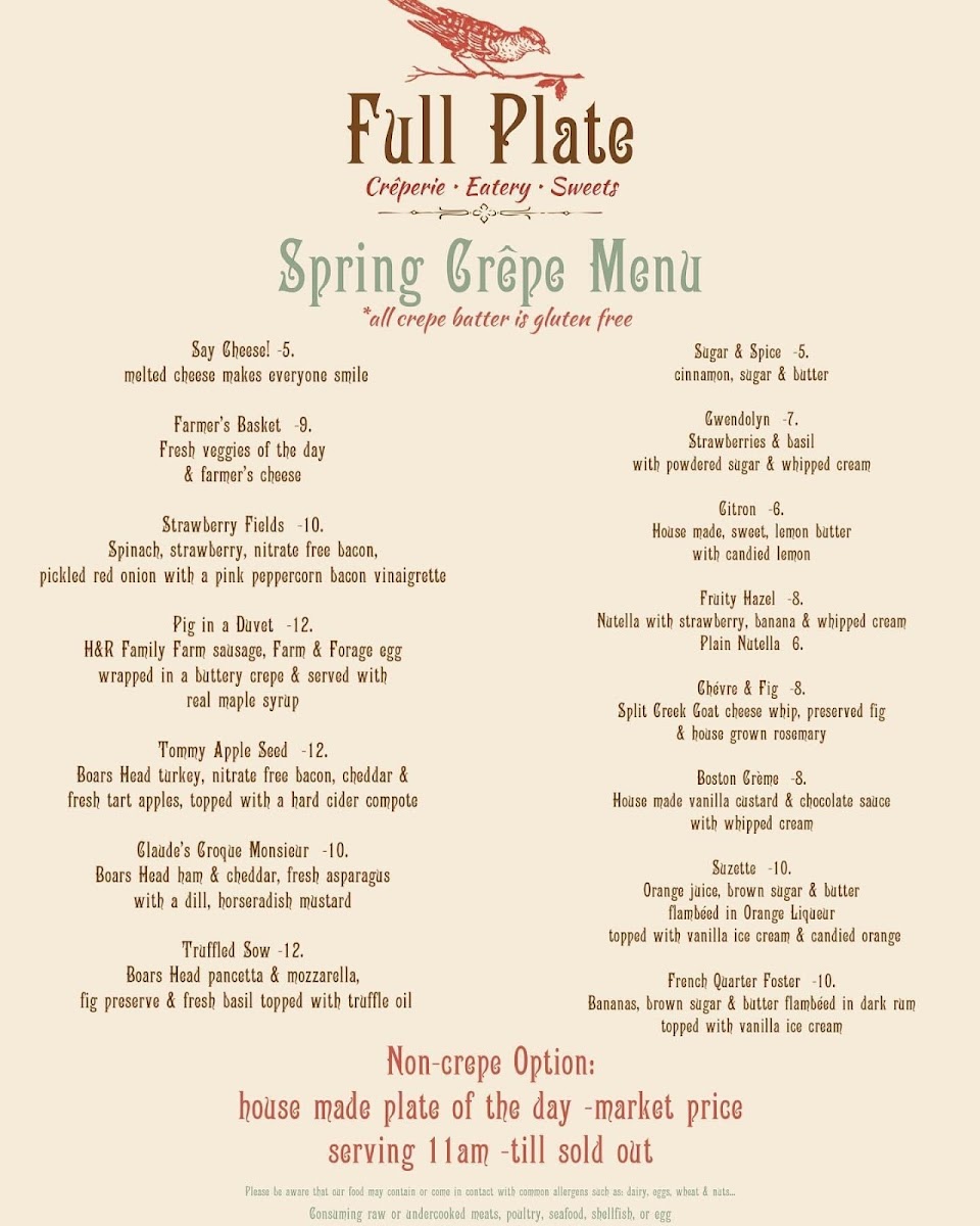 Full Plate Creperie Eatery Sweets gluten-free menu