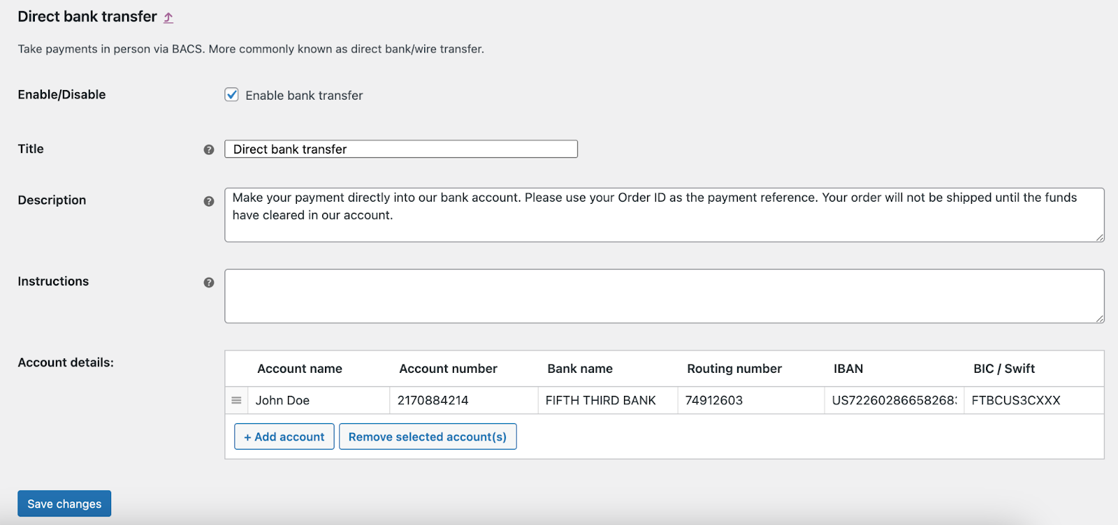 This image shows WooCommerce Direct Bank transfer option