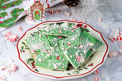 A plate of Candy Cane Mint Bark.