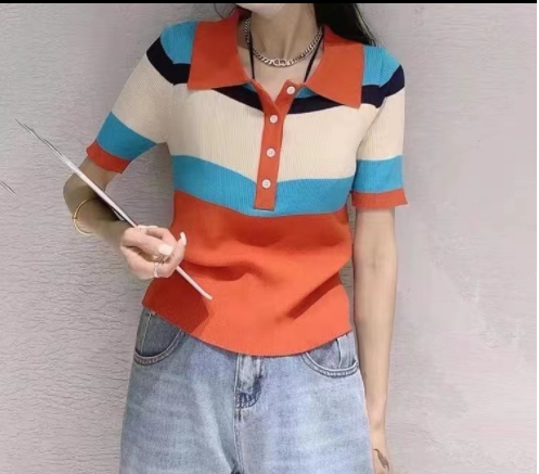 Title 3, Color Stitching Lapel T-shirt Slim Fit And Slim...