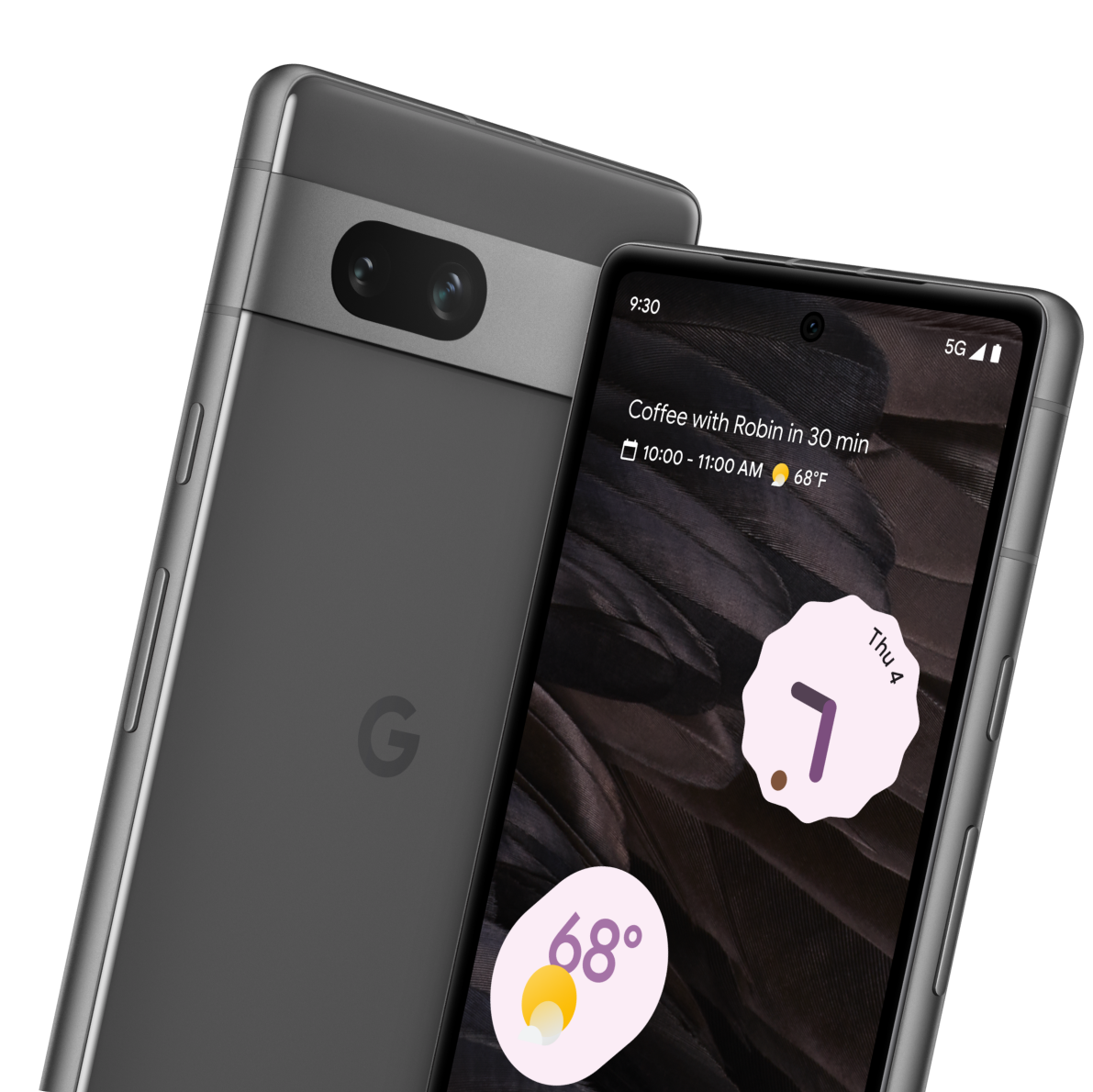 The front and back of a Google Pixel 7a phone.