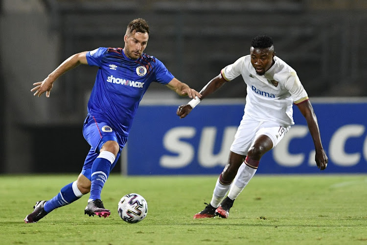 PRETORIA, SOUTH AFRICA - NOVEMBER 04: Bradley Grobler of SuperSport United and Nathan Sinkala of Stellenbosch FC players during the DStv Premiership match between SuperSport United and Stellenbosch FC at Lucas Moripe Stadium on November 04, 2020 in Pretoria, South Africa.