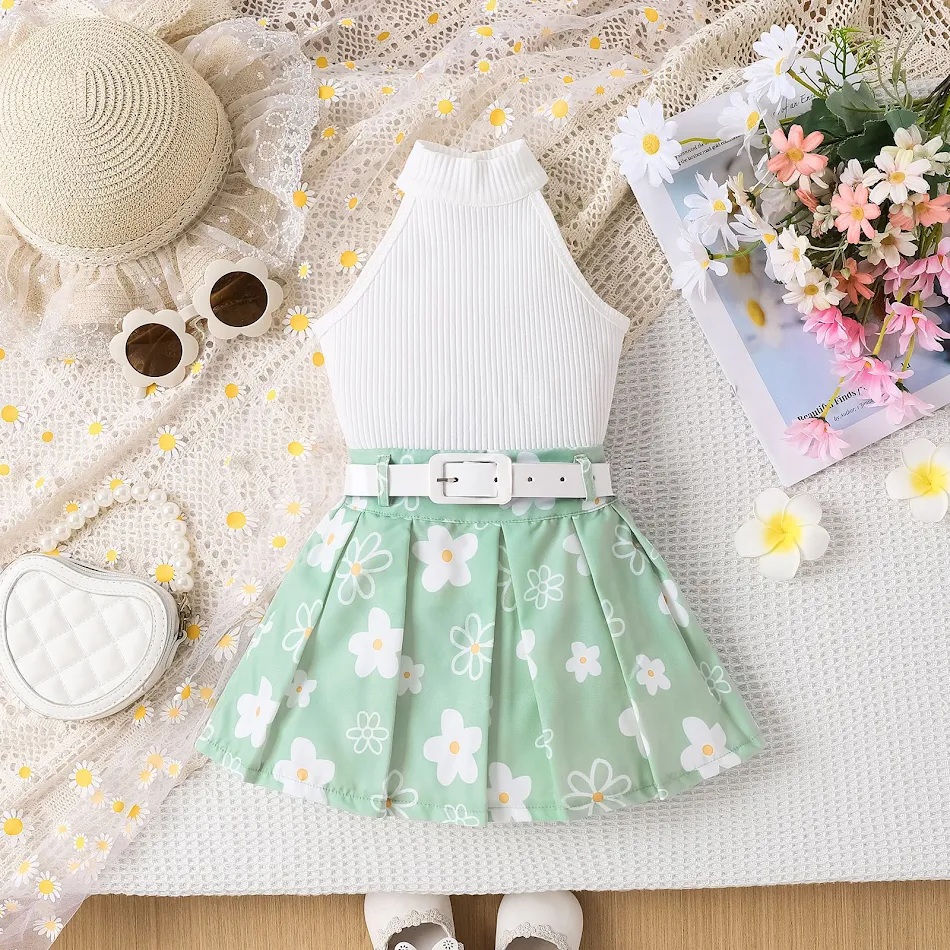 Girls Pit Striped Halter Sleeveless Top Printed Pleated Skirt Belted Suit Perfect Summer Outfit