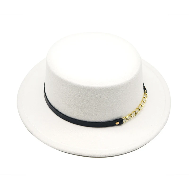 Chapeau haut de forme plat de couleur unie avec chaîne de style britannique rétro pour hommes et femmes