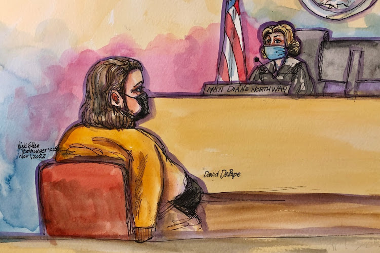 David Wayne DePape, 42, who is charged with breaking into US House Speaker Nancy Pelosi's San Francisco home and clubbing her husband in the head with a hammer, wears his arm in a sling before San Francisco Superior Court Judge Diane Northway at the Criminal courts in San Francisco, California US November 1, 2022 in this courtroom sketch.