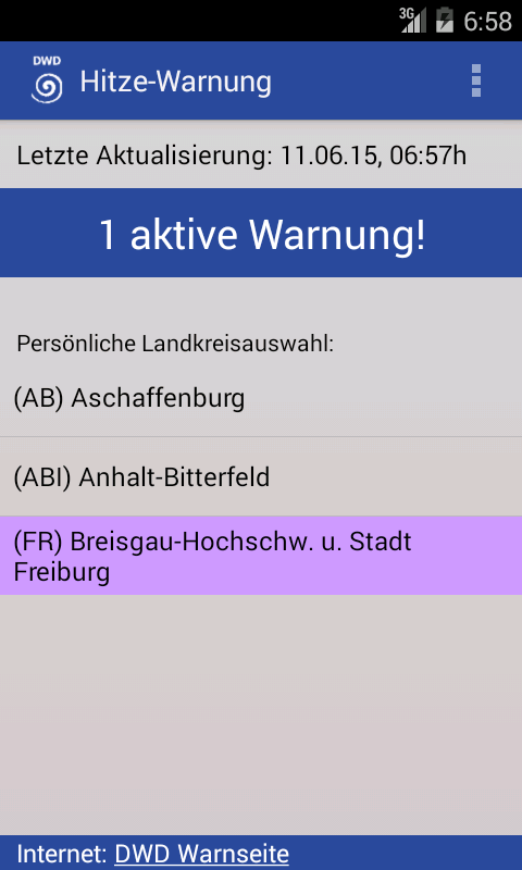 Android application Hitzewarnung screenshort