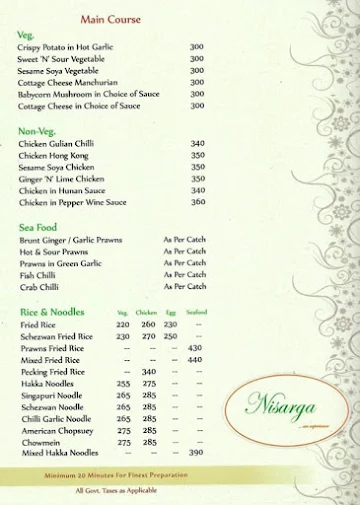 Nisarga - South Coast Hotel menu 