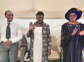 SMART Kindergarten and Primary director Michael Mwangi, Kiambu Subcounty Director of Education Roselyn Litaba and No Summit Too High Foundation founder Dr, Faith Mwende during the institution's PP2 learners graduation ceremony in Juja, Kiambu County on October 26, 2023.