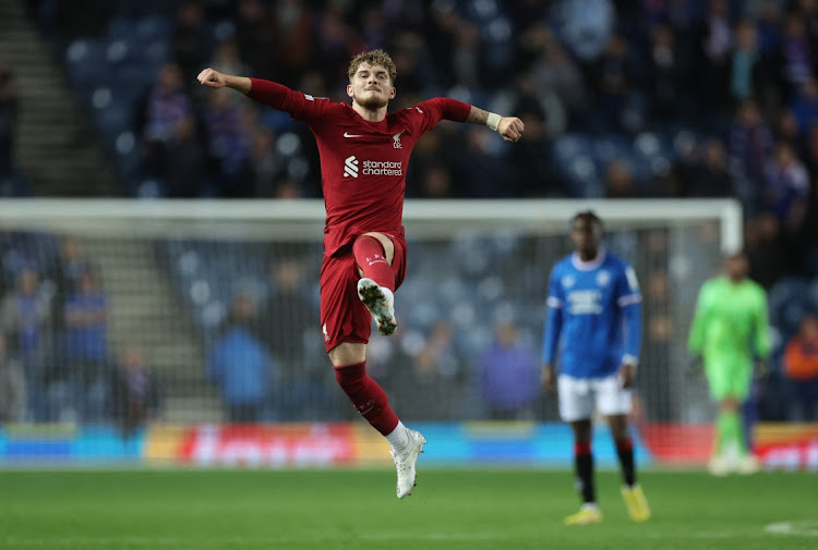 Liverpool's Harvey Elliott celebrates scoring their seventh goal.